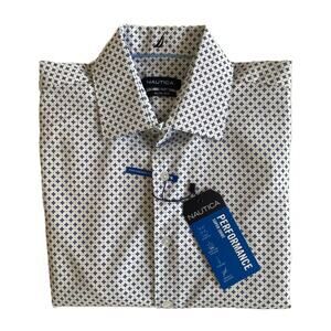 Nautica Dress Shirt Men's 14-14.5 32/33 Performance Slim Fit Blue Floral NEW